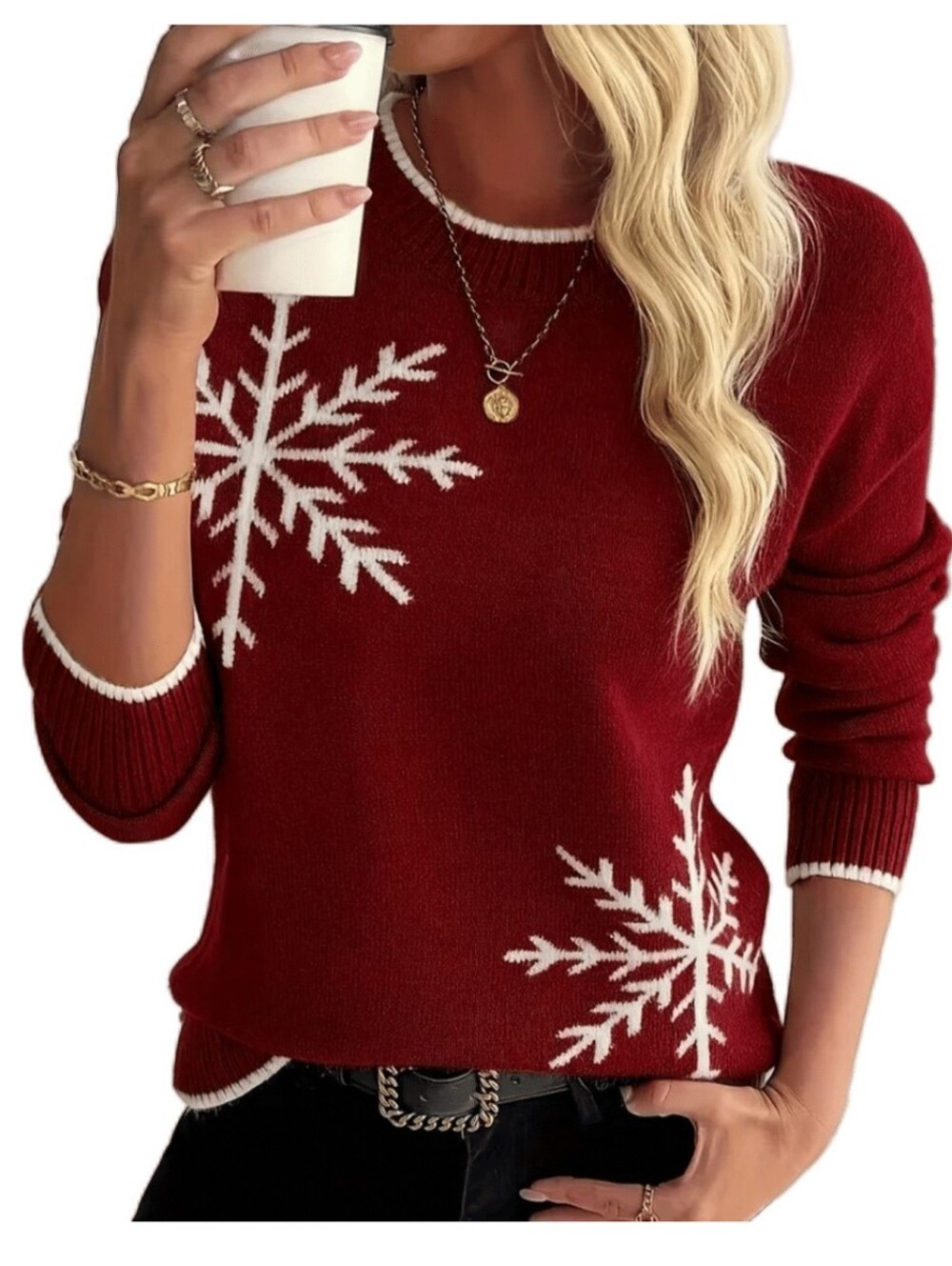 Women’s Red Snowflake Crewneck Sweater - Stylish Holiday Knit